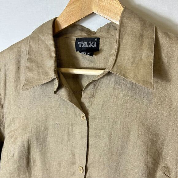 Vintage 90s Taxi Deep Tan Linen Roll Tab Sleeve Shaped Button Up Shirt Size L - Picture 4 of 13